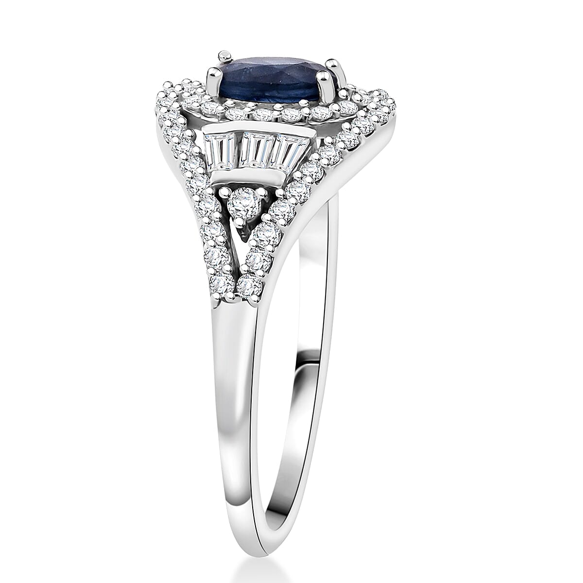 D'Joy Premium Kanchanaburi Blue Sapphire and Moissanite 1.15 ctw Regal Radiance Ring in Rhodium Over Sterling Silver (Size 8.0) image number 3
