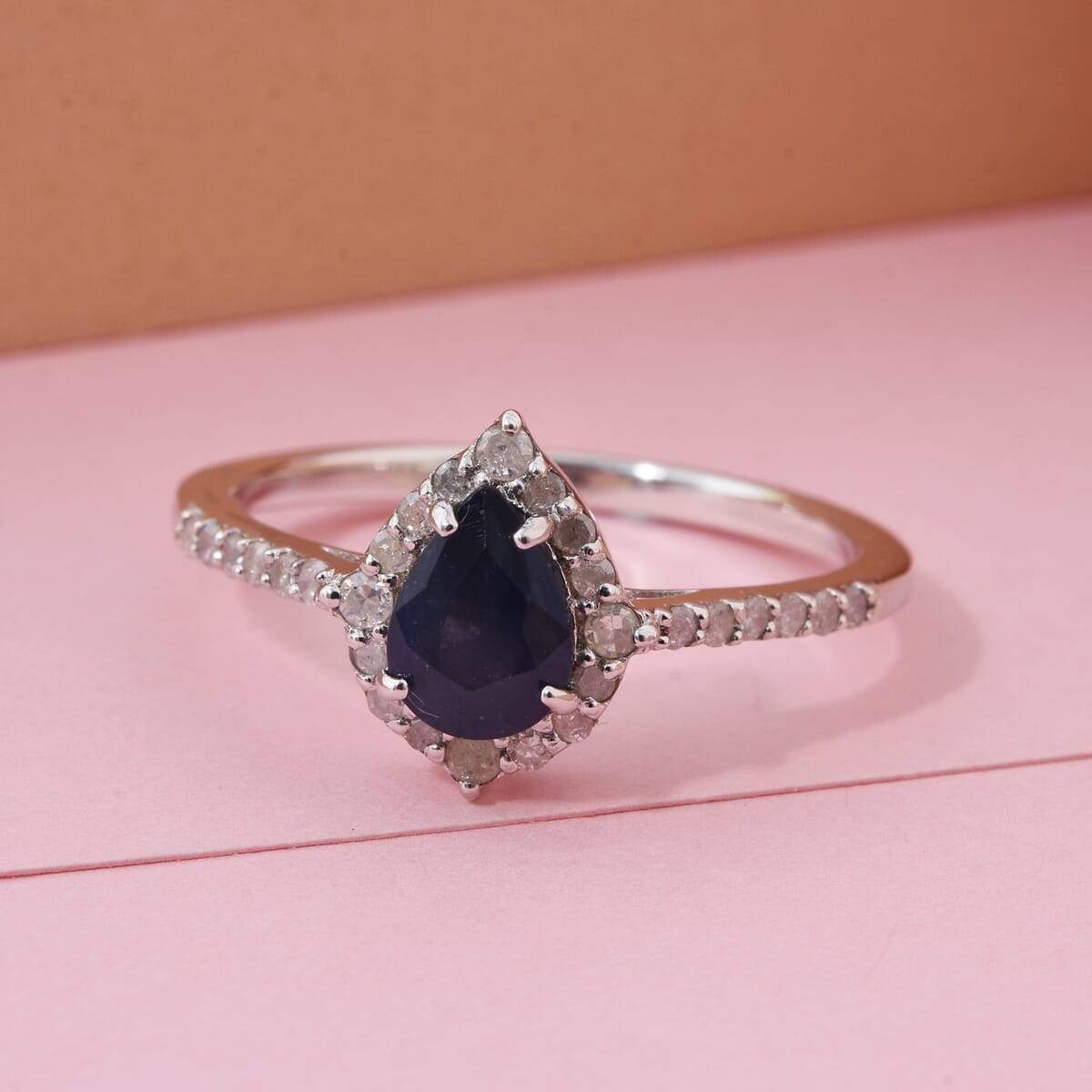 D'Joy Premium Kanchanaburi Blue Sapphire and Diamond 1.10 ctw Majestic Teardrop Ring in Rhodium Over Sterling Silver (Size 10.0) image number 1