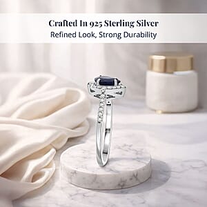 D'Joy Premium Kanchanaburi Blue Sapphire and Diamond 1.10 ctw Majestic Teardrop Ring in Rhodium Over Sterling Silver (Size 10.0)