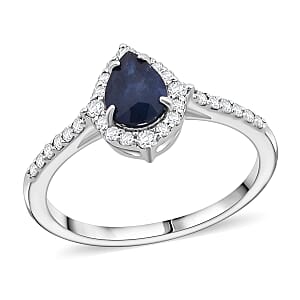 D'Joy Premium Kanchanaburi Blue Sapphire and Diamond 1.10 ctw Majestic Teardrop Ring in Rhodium Over Sterling Silver (Size 7.0)