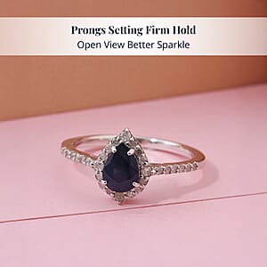 D'Joy Premium Kanchanaburi Blue Sapphire and Diamond 1.10 ctw Majestic Teardrop Ring in Rhodium Over Sterling Silver (Size 7.0)