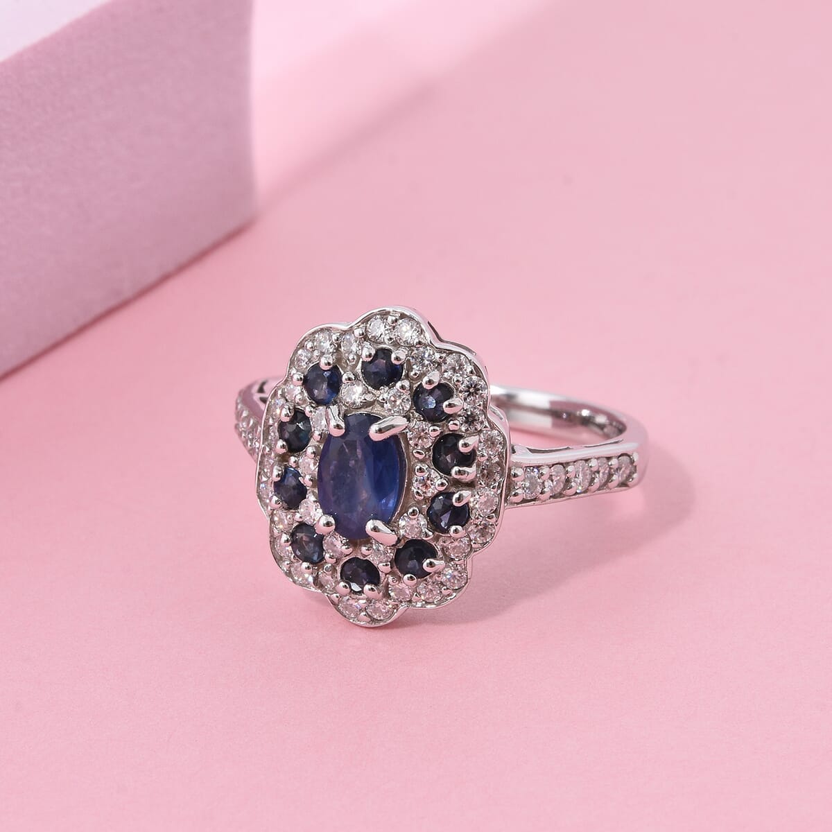 D'Joy Premium Kanchanaburi Blue Sapphire and Moissanite 1.50 ctw Imperial Bloom Ring in Rhodium Over Sterling Silver (Size 10.0) image number 1