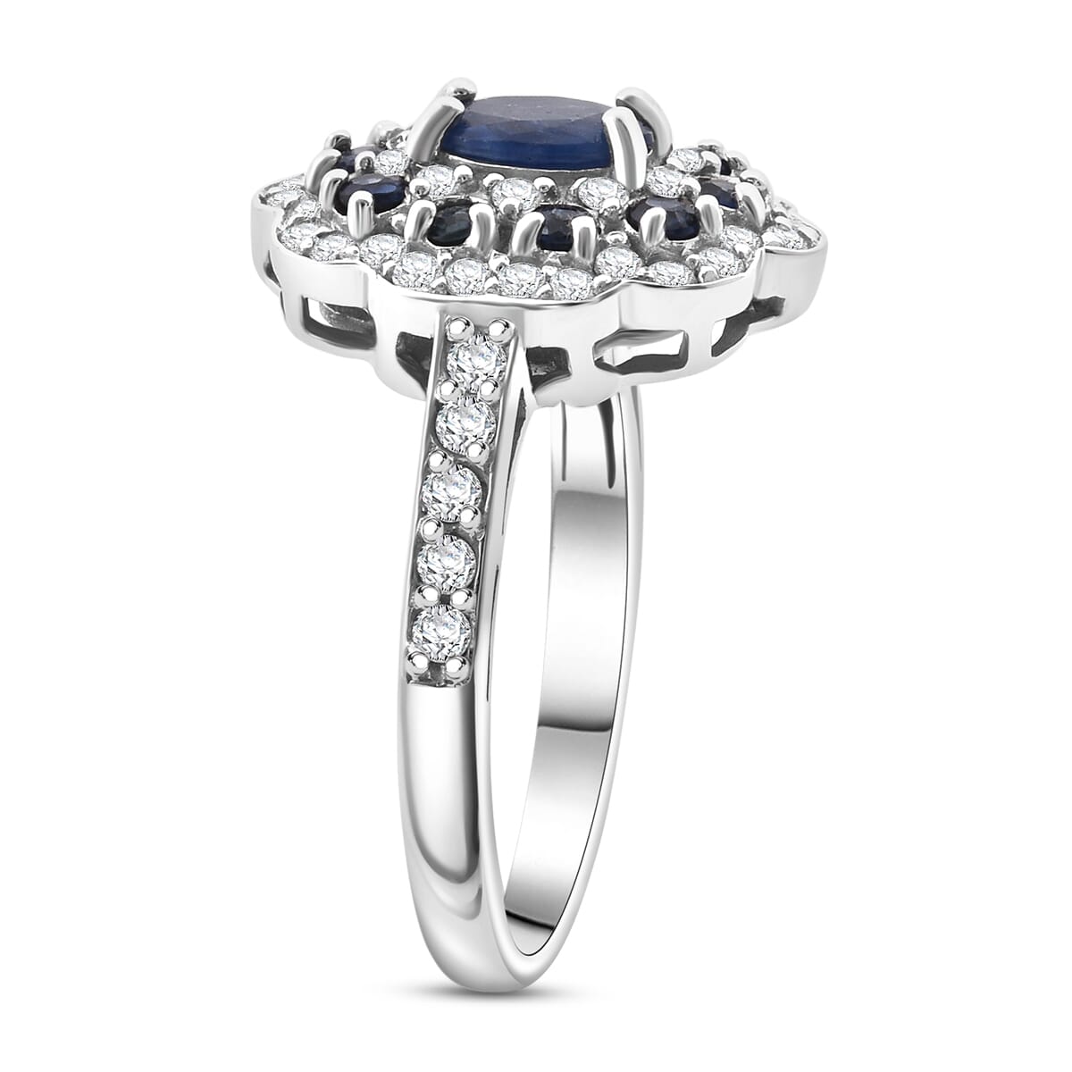D'Joy Premium Kanchanaburi Blue Sapphire and Moissanite 1.50 ctw Imperial Bloom Ring in Rhodium Over Sterling Silver (Size 10.0) image number 3