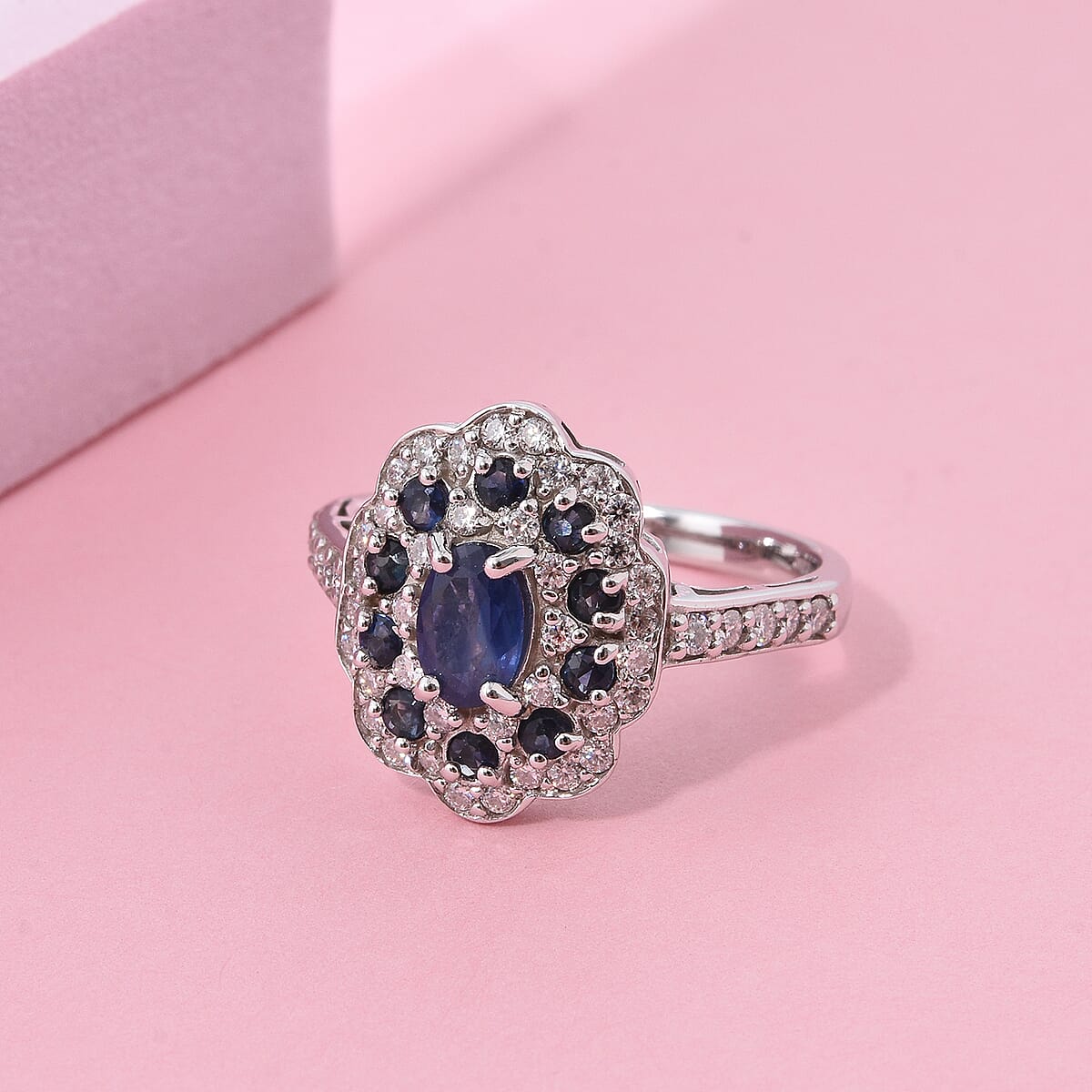 D'Joy Premium Kanchanaburi Blue Sapphire and Moissanite 1.50 ctw Imperial Bloom Ring in Rhodium Over Sterling Silver (Size 7.0) image number 1