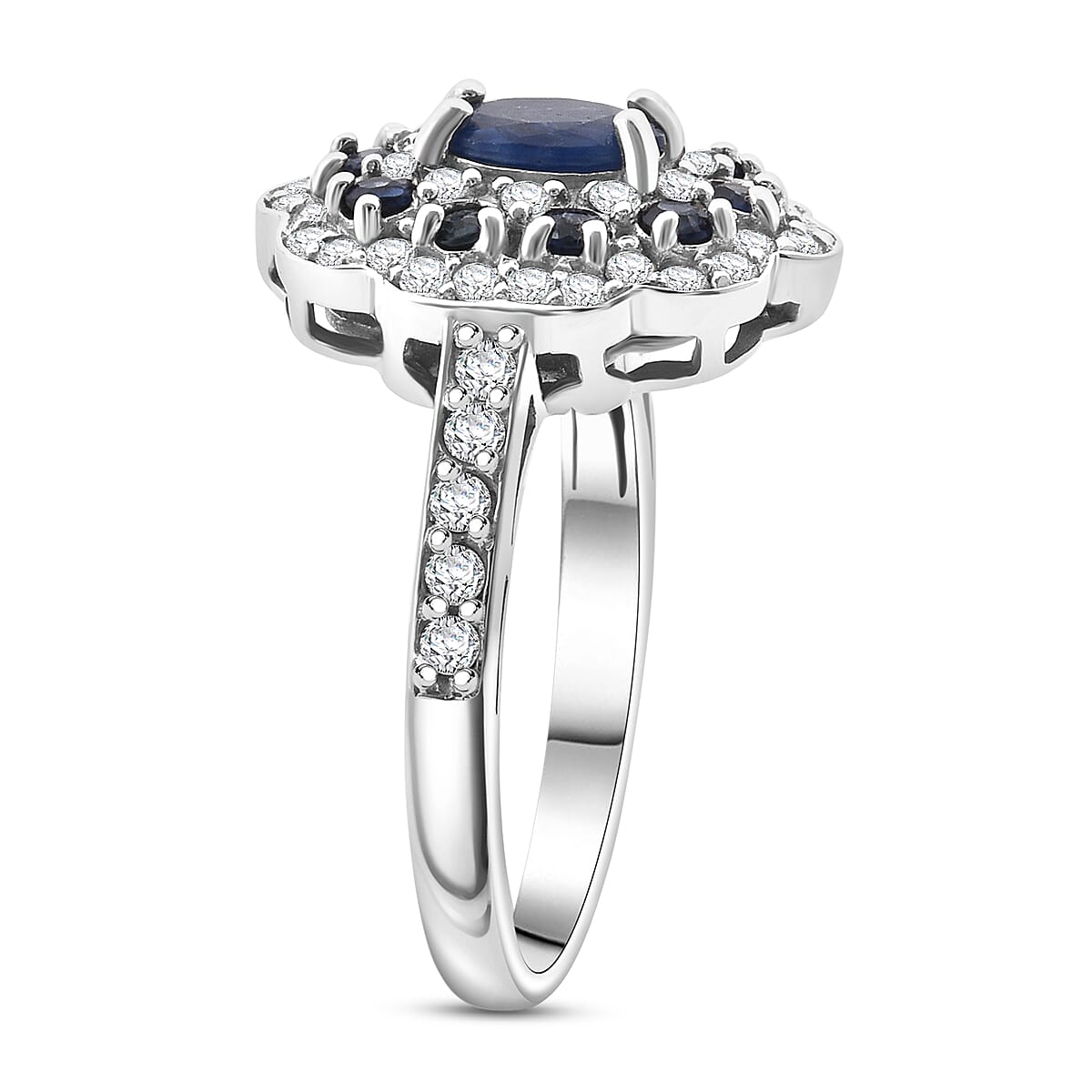 D'Joy Premium Kanchanaburi Blue Sapphire and Moissanite 1.50 ctw Imperial Bloom Ring in Rhodium Over Sterling Silver (Size 7.0) image number 3