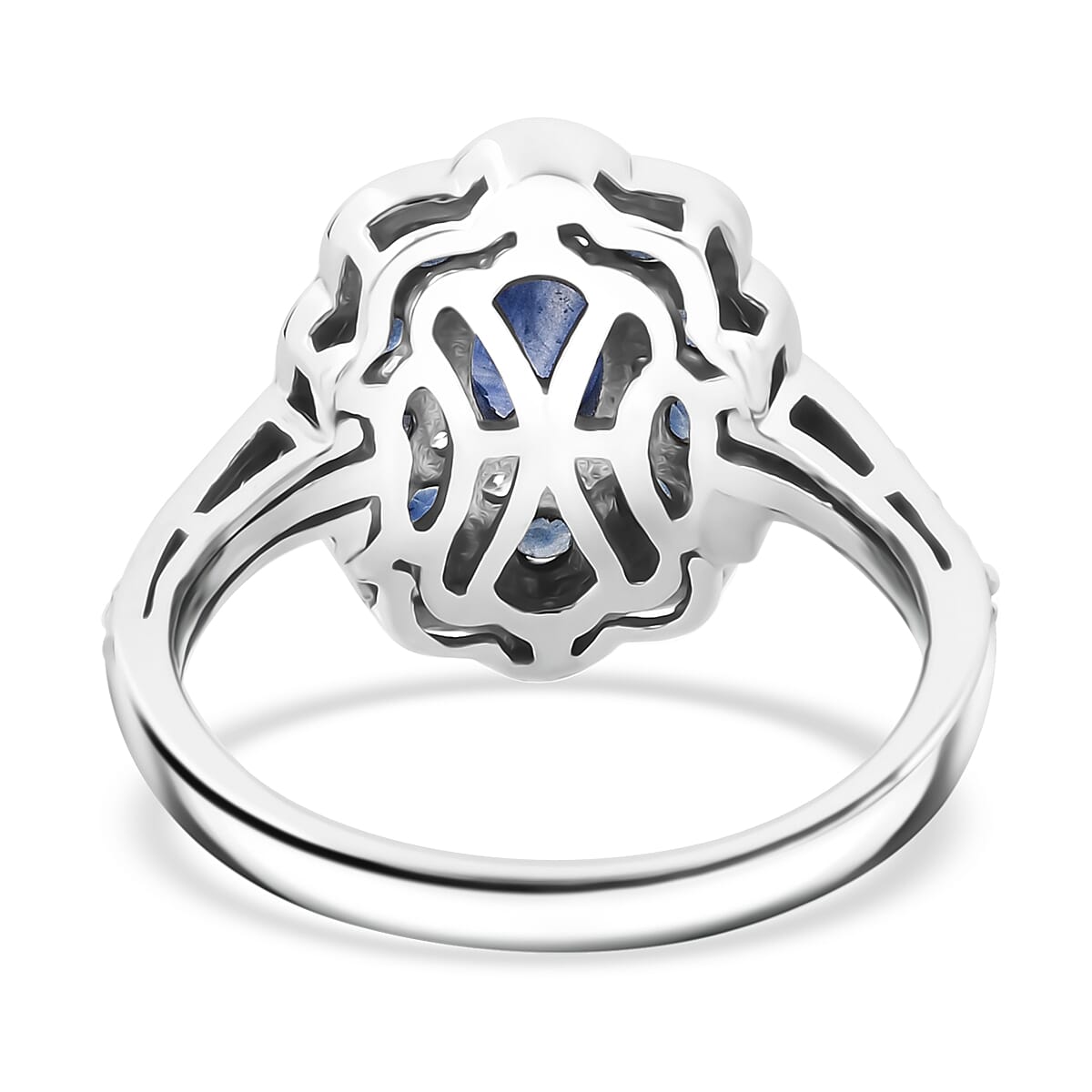 D'Joy Premium Kanchanaburi Blue Sapphire and Moissanite 1.50 ctw Imperial Bloom Ring in Rhodium Over Sterling Silver (Size 7.0) image number 4