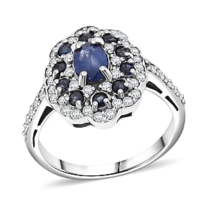 D'Joy Premium Kanchanaburi Blue Sapphire and Moissanite 1.50 ctw Imperial Bloom Ring in Rhodium Over Sterling Silver (Size 8.0)