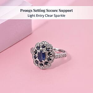 D'Joy Premium Kanchanaburi Blue Sapphire and Moissanite 1.50 ctw Imperial Bloom Ring in Rhodium Over Sterling Silver (Size 8.0)