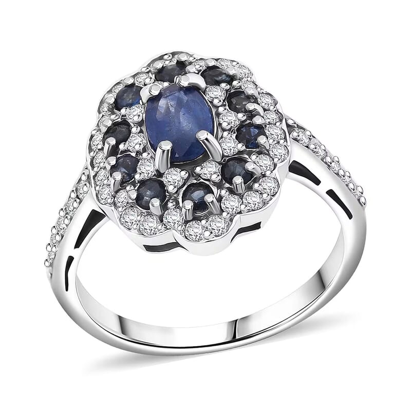 D'Joy Premium Kanchanaburi Blue Sapphire and Moissanite 1.50 ctw Imperial Bloom Ring in Rhodium Over Sterling Silver (Size 9.0)