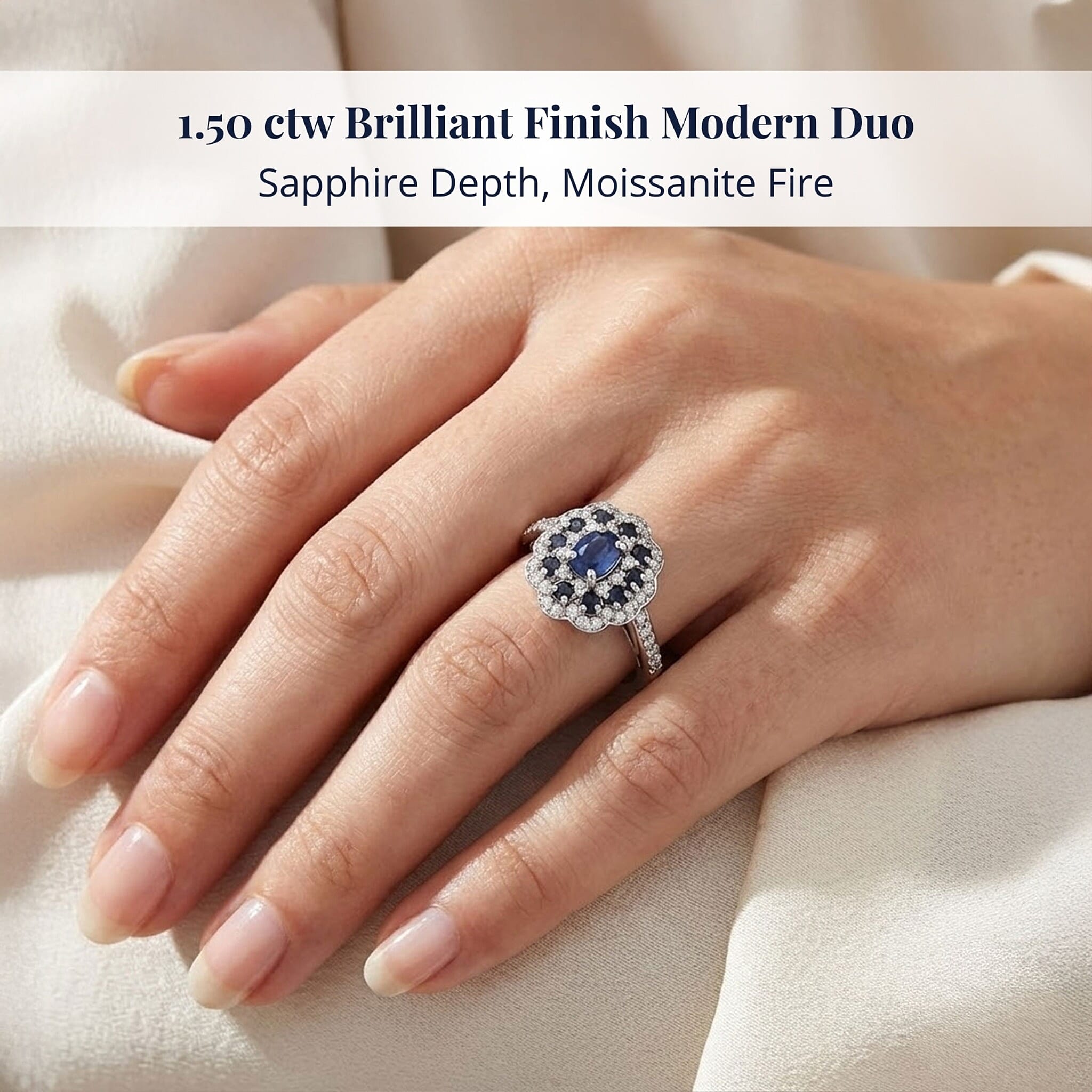 D'Joy Premium Kanchanaburi Blue Sapphire and Moissanite 1.50 ctw Imperial Bloom Ring in Rhodium Over Sterling Silver (Size 9.0)
