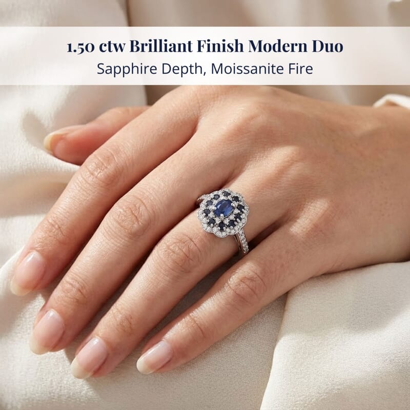 D'Joy Premium Kanchanaburi Blue Sapphire and Moissanite 1.50 ctw Imperial Bloom Ring in Rhodium Over Sterling Silver (Size 9.0)