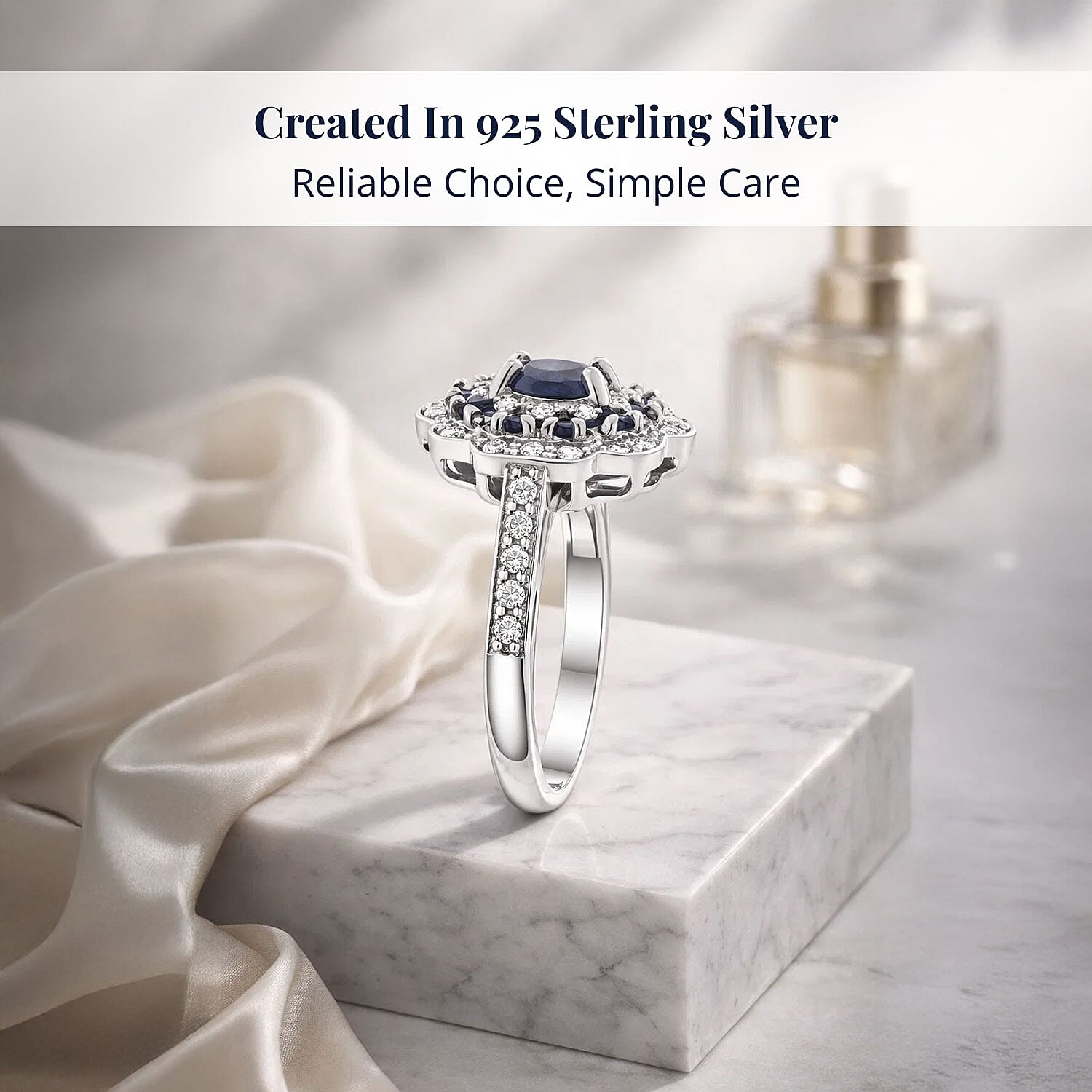 D'Joy Premium Kanchanaburi Blue Sapphire and Moissanite 1.50 ctw Imperial Bloom Ring in Rhodium Over Sterling Silver (Size 9.0)
