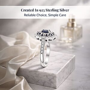 D'Joy Premium Kanchanaburi Blue Sapphire and Moissanite 1.50 ctw Imperial Bloom Ring in Rhodium Over Sterling Silver (Size 9.0)