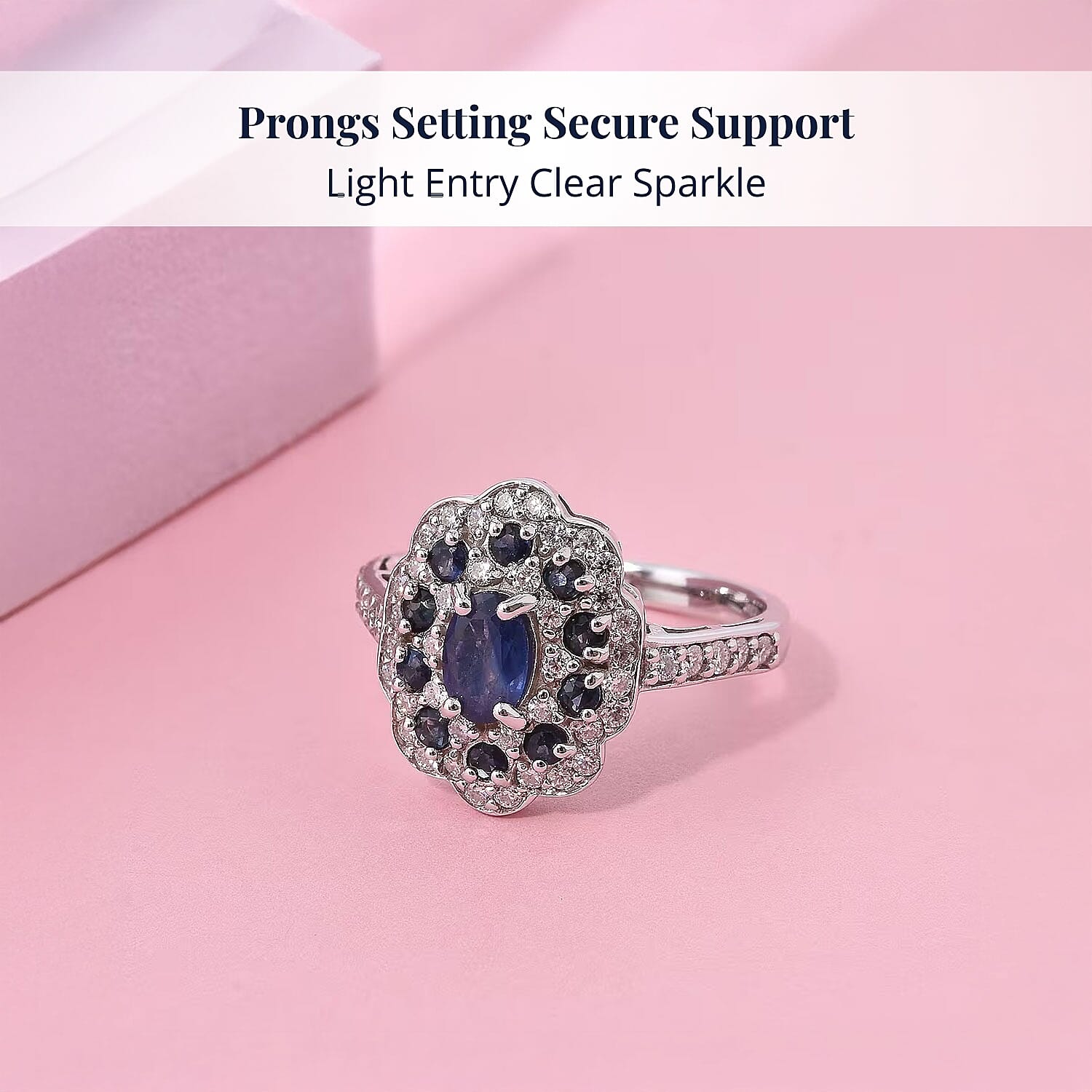 D'Joy Premium Kanchanaburi Blue Sapphire and Moissanite 1.50 ctw Imperial Bloom Ring in Rhodium Over Sterling Silver (Size 9.0)