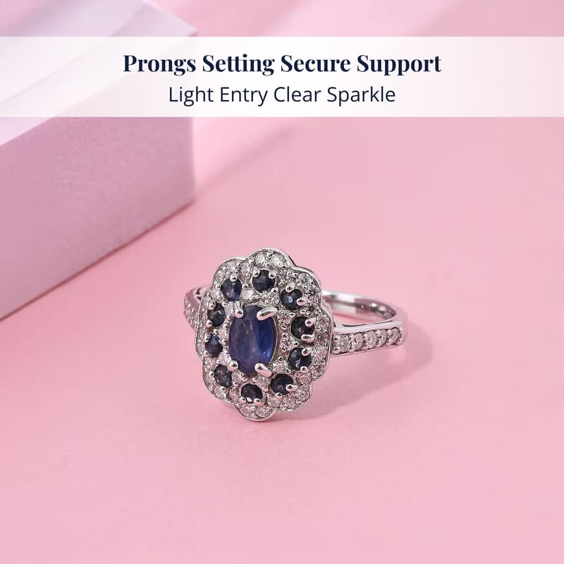 D'Joy Premium Kanchanaburi Blue Sapphire and Moissanite 1.50 ctw Imperial Bloom Ring in Rhodium Over Sterling Silver (Size 9.0)