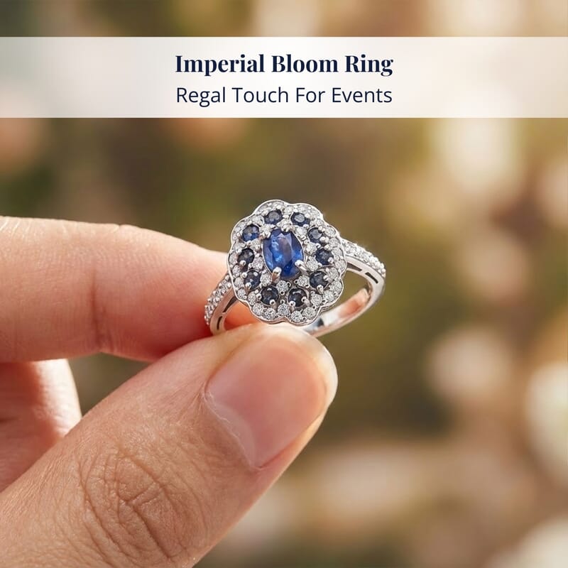 D'Joy Premium Kanchanaburi Blue Sapphire and Moissanite 1.50 ctw Imperial Bloom Ring in Rhodium Over Sterling Silver (Size 9.0)