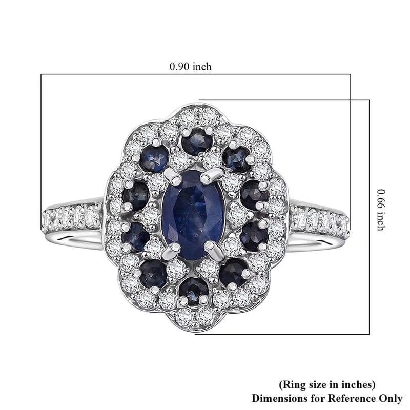 D'Joy Premium Kanchanaburi Blue Sapphire and Moissanite 1.50 ctw Imperial Bloom Ring in Rhodium Over Sterling Silver (Size 9.0)