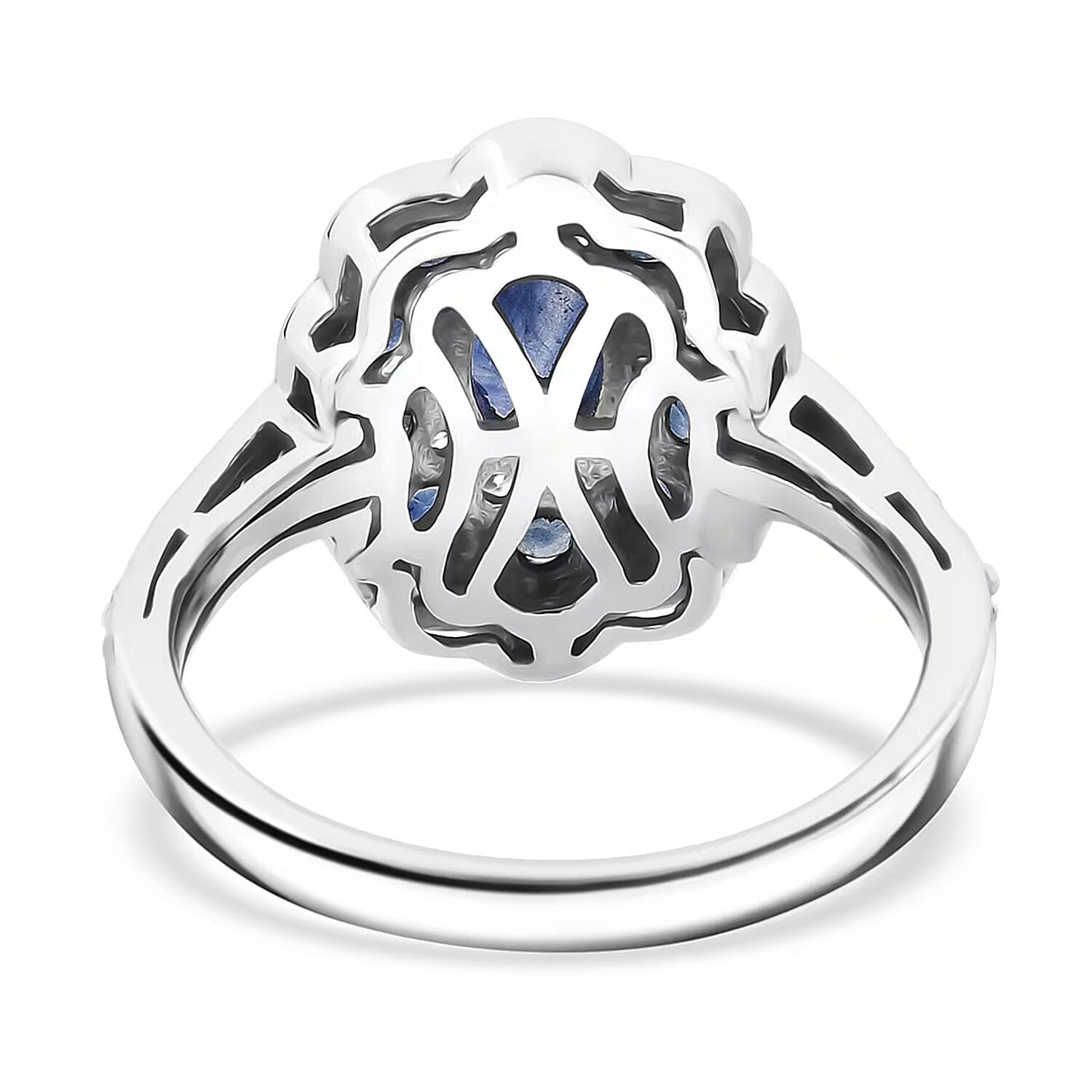 D'Joy Premium Kanchanaburi Blue Sapphire and Moissanite 1.50 ctw Imperial Bloom Ring in Rhodium Over Sterling Silver (Size 9.0)