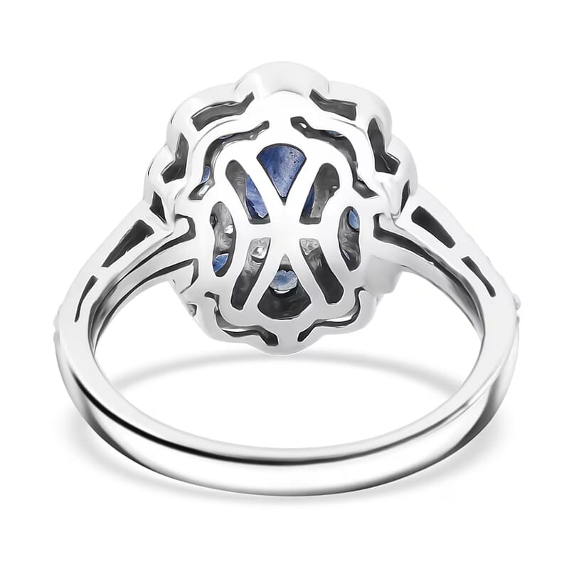 D'Joy Premium Kanchanaburi Blue Sapphire and Moissanite 1.50 ctw Imperial Bloom Ring in Rhodium Over Sterling Silver (Size 9.0)