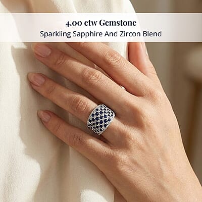 D'Joy Premium Kanchanaburi Blue Sapphire and White Zircon 4.00 ctw Imperial Radiance Ring in Rhodium Over Sterling Silver (Size 10.0)