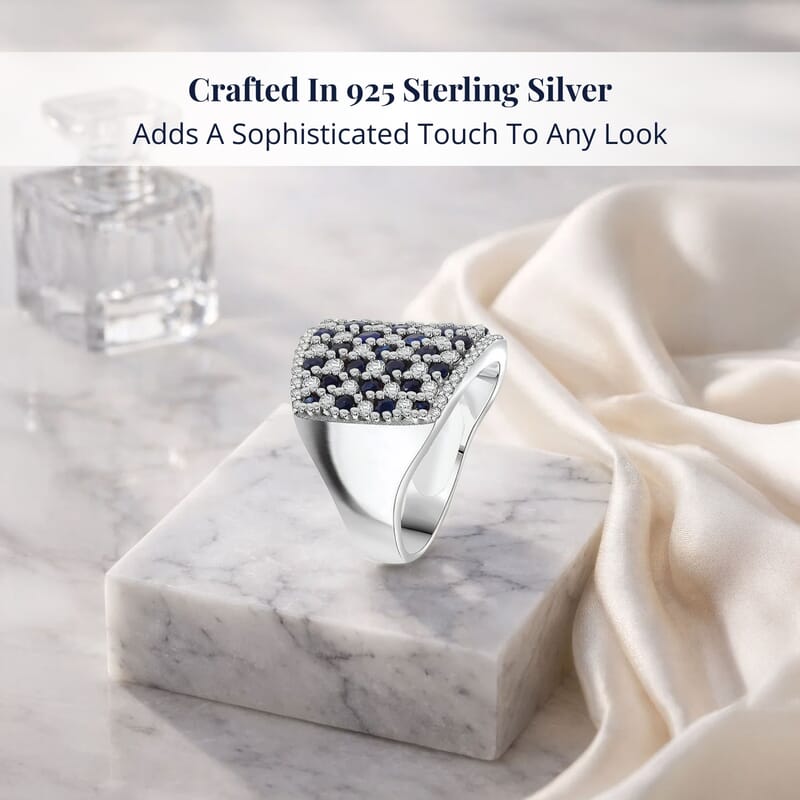 D'Joy Premium Kanchanaburi Blue Sapphire and White Zircon 4.00 ctw Imperial Radiance Ring in Rhodium Over Sterling Silver (Size 10.0)
