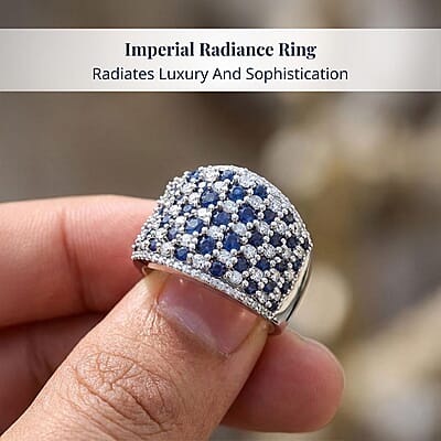 D'Joy Premium Kanchanaburi Blue Sapphire and White Zircon 4.00 ctw Imperial Radiance Ring in Rhodium Over Sterling Silver (Size 10.0)