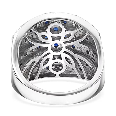 D'Joy Premium Kanchanaburi Blue Sapphire and White Zircon 4.00 ctw Imperial Radiance Ring in Rhodium Over Sterling Silver (Size 10.0)