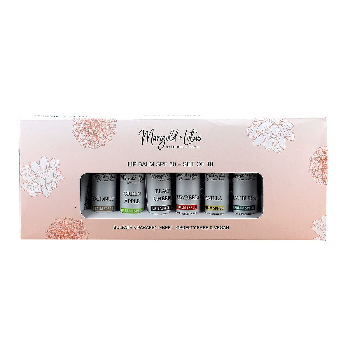 Marigold + Lotus Set of 10 Lip Balm with 10 Flavors - Mint Burst, Eucalyptus Mint, Coconut, Vanilla, Citrus, Peach, Black Cherry, Green Apple, Strawberry and Orange image number 0