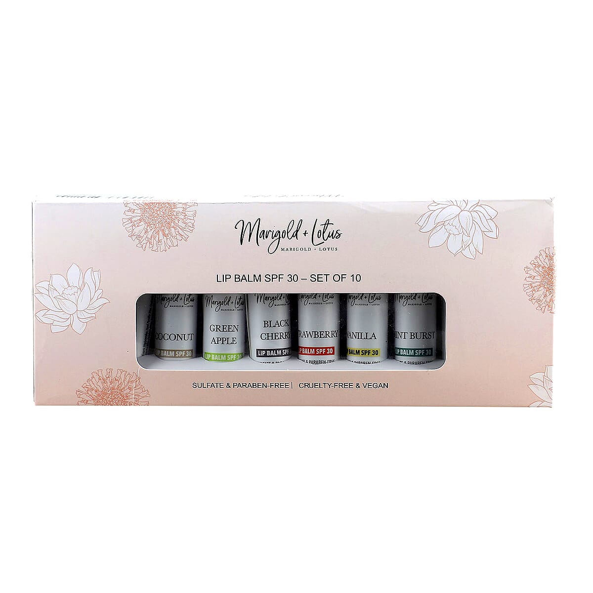 Marigold + Lotus Set of 10 Lip Balm with 10 Flavors - Mint Burst, Eucalyptus Mint, Coconut, Vanilla, Citrus, Peach, Black Cherry, Green Apple, Strawberry and Orange image number 1