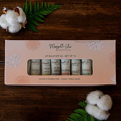 Marigold + Lotus Set of 10 Lip Balm with 10 Flavors - Mint Burst, Eucalyptus Mint, Coconut, Vanilla, Citrus, Peach, Black Cherry, Green Apple, Strawberry and Orange