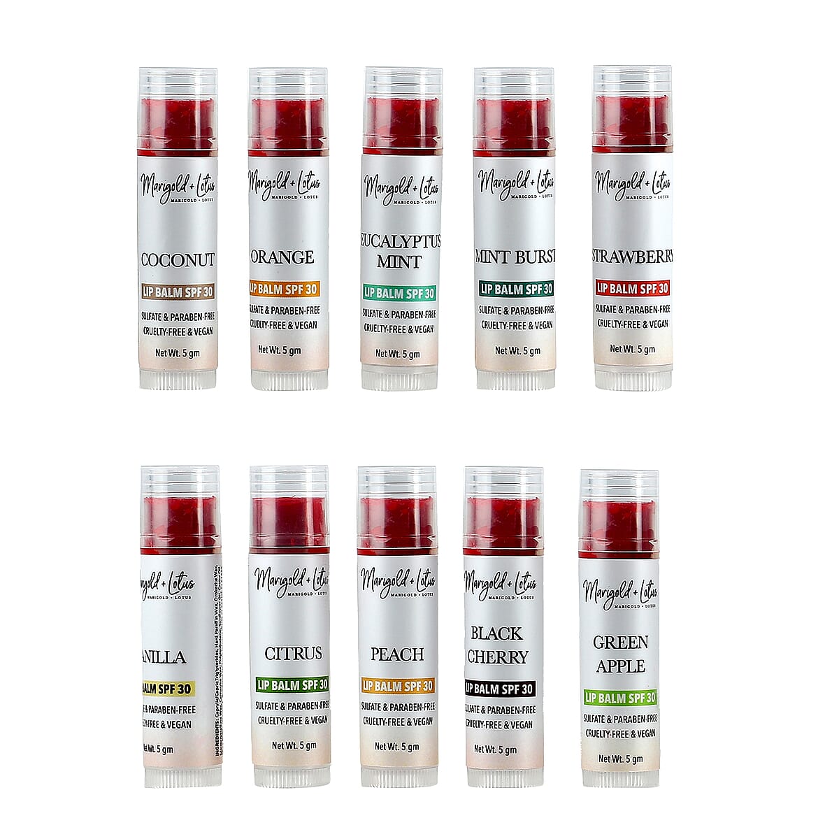 Marigold + Lotus Set of 10 Lip Balm with 10 Flavors - Mint Burst, Eucalyptus Mint, Coconut, Vanilla, Citrus, Peach, Black Cherry, Green Apple, Strawberry and Orange image number 2