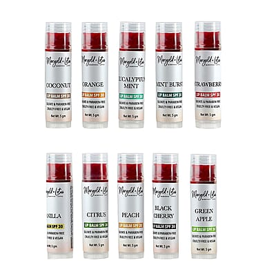 Marigold + Lotus Set of 10 Lip Balm with 10 Flavors - Mint Burst, Eucalyptus Mint, Coconut, Vanilla, Citrus, Peach, Black Cherry, Green Apple, Strawberry and Orange