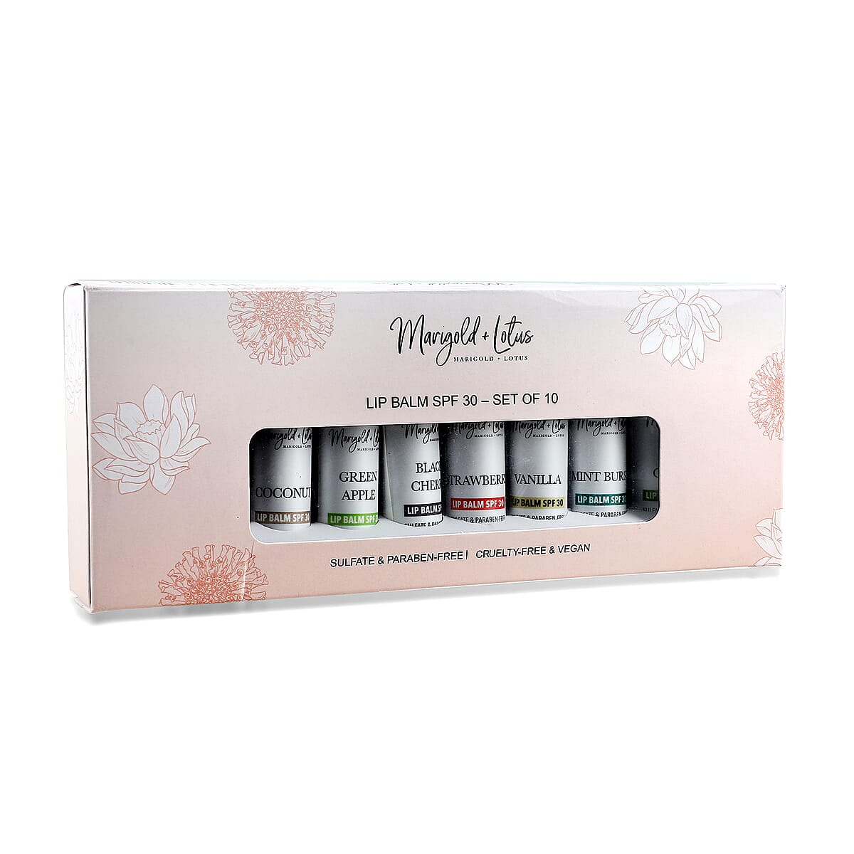 Marigold + Lotus Set of 10 Lip Balm with 10 Flavors - Mint Burst, Eucalyptus Mint, Coconut, Vanilla, Citrus, Peach, Black Cherry, Green Apple, Strawberry and Orange image number 3