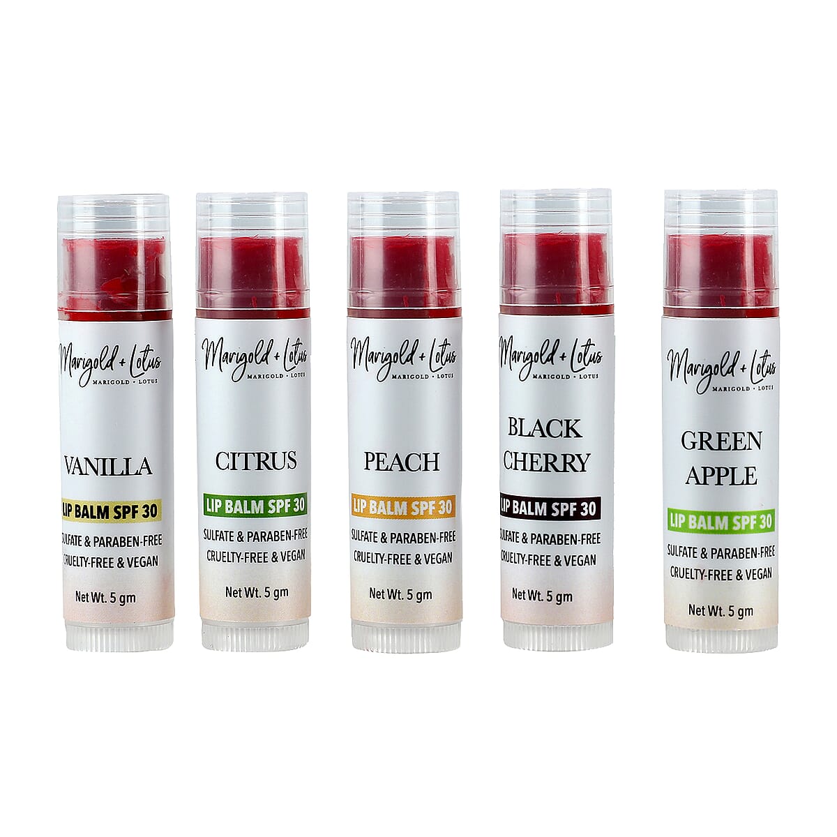 Marigold + Lotus Set of 10 Lip Balm with 10 Flavors - Mint Burst, Eucalyptus Mint, Coconut, Vanilla, Citrus, Peach, Black Cherry, Green Apple, Strawberry and Orange image number 5