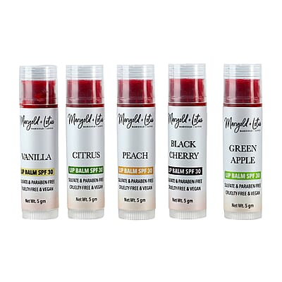 Marigold + Lotus Set of 10 Lip Balm with 10 Flavors - Mint Burst, Eucalyptus Mint, Coconut, Vanilla, Citrus, Peach, Black Cherry, Green Apple, Strawberry and Orange