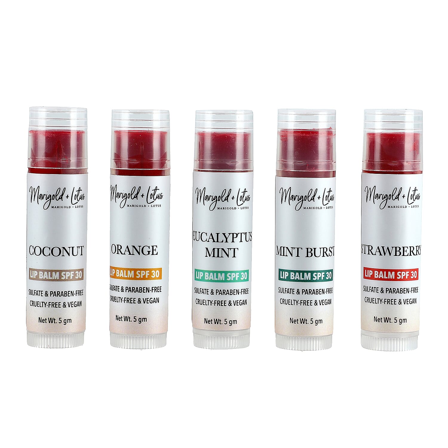 Marigold + Lotus Set of 10 Lip Balm with 10 Flavors - Mint Burst, Eucalyptus Mint, Coconut, Vanilla, Citrus, Peach, Black Cherry, Green Apple, Strawberry and Orange