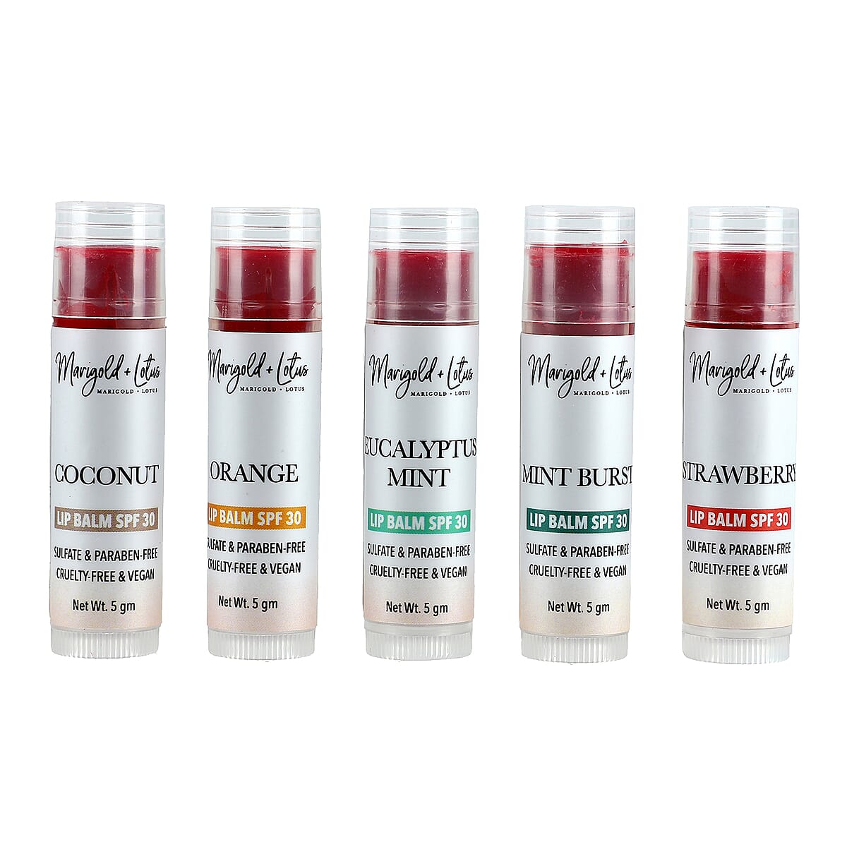 Marigold + Lotus Set of 10 Lip Balm with 10 Flavors - Mint Burst, Eucalyptus Mint, Coconut, Vanilla, Citrus, Peach, Black Cherry, Green Apple, Strawberry and Orange image number 6