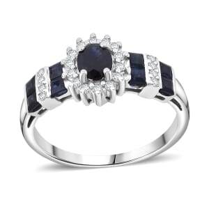 D'Joy Premium Kanchanaburi Blue Sapphire and Moissanite 1.30 ctw Art Deco Heirloom Ring in Rhodium Over Sterling Silver (Size 10.0)