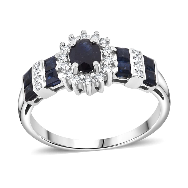 D'Joy Premium Kanchanaburi Blue Sapphire and Moissanite 1.30 ctw Art Deco Heirloom Ring in Rhodium Over Sterling Silver (Size 10.0)