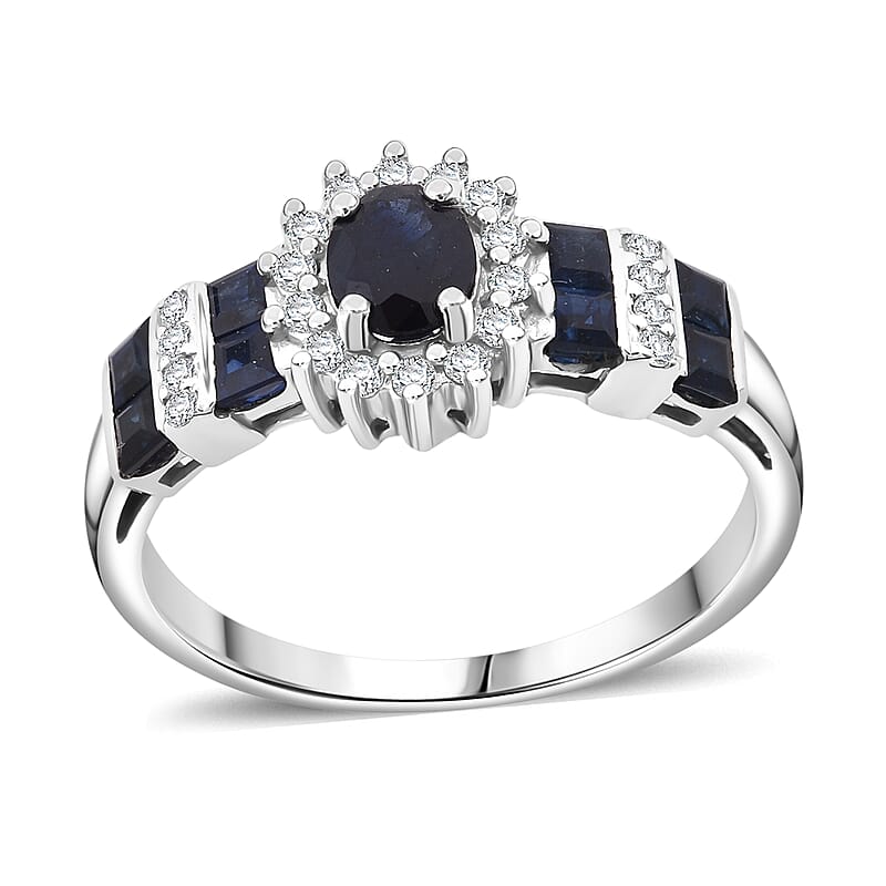 D'Joy Premium Kanchanaburi Blue Sapphire and Moissanite 1.30 ctw Art Deco Heirloom Ring in Rhodium Over Sterling Silver (Size 10.0)