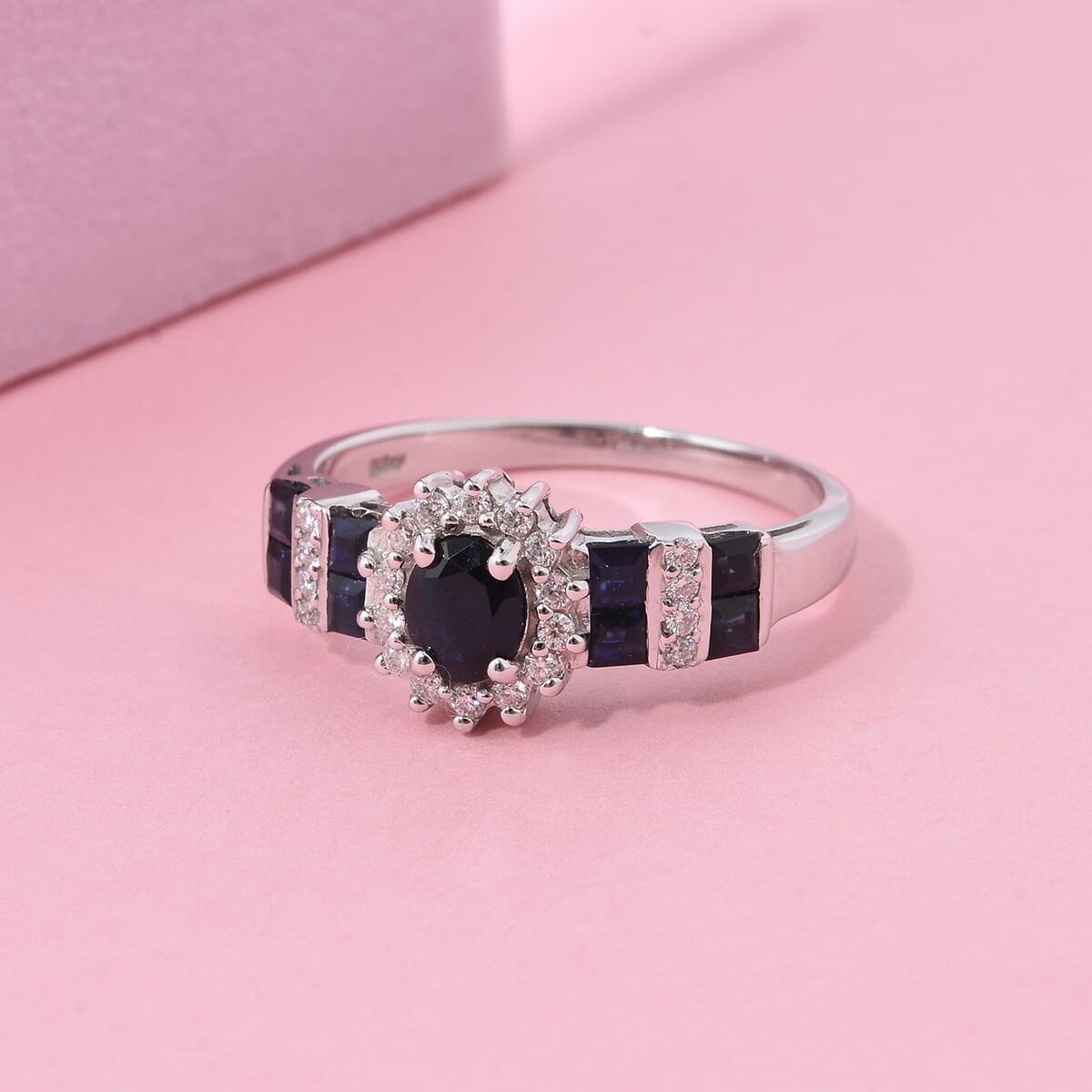 D'Joy Premium Kanchanaburi Blue Sapphire and Moissanite 1.30 ctw Art Deco Heirloom Ring in Rhodium Over Sterling Silver (Size 10.0) image number 1