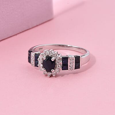 D'Joy Premium Kanchanaburi Blue Sapphire and Moissanite 1.30 ctw Art Deco Heirloom Ring in Rhodium Over Sterling Silver (Size 10.0)
