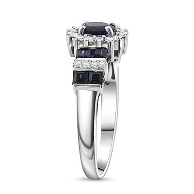 D'Joy Premium Kanchanaburi Blue Sapphire and Moissanite 1.30 ctw Art Deco Heirloom Ring in Rhodium Over Sterling Silver (Size 10.0)
