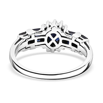 D'Joy Premium Kanchanaburi Blue Sapphire and Moissanite 1.30 ctw Art Deco Heirloom Ring in Rhodium Over Sterling Silver (Size 10.0)