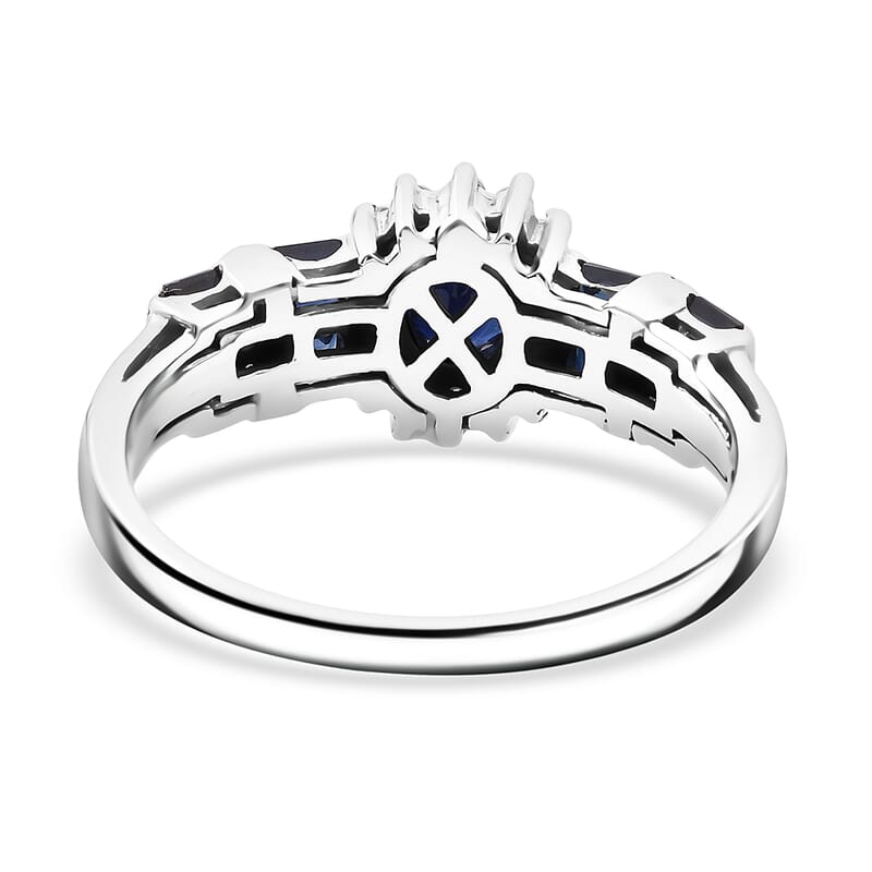 D'Joy Premium Kanchanaburi Blue Sapphire and Moissanite 1.30 ctw Art Deco Heirloom Ring in Rhodium Over Sterling Silver (Size 10.0)