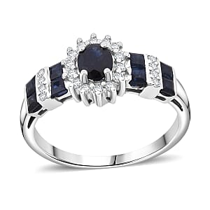 D'Joy Premium Kanchanaburi Blue Sapphire and Moissanite 1.30 ctw Art Deco Heirloom Ring in Rhodium Over Sterling Silver (Size 7.0)