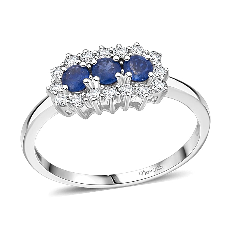 D'Joy Premium Kanchanaburi Blue Sapphire and White Zircon 1.05 ctw Midnight Trio Ring in Rhodium Over Sterling Silver (Size 10.0)