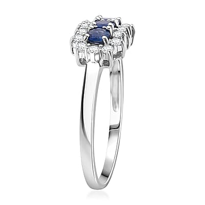 D'Joy Premium Kanchanaburi Blue Sapphire and White Zircon 1.05 ctw Midnight Trio Ring in Rhodium Over Sterling Silver (Size 10.0)