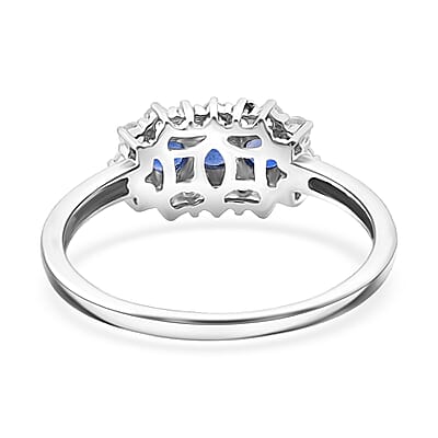 D'Joy Premium Kanchanaburi Blue Sapphire and White Zircon 1.05 ctw Midnight Trio Ring in Rhodium Over Sterling Silver (Size 10.0)