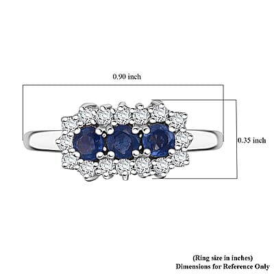 D'Joy Premium Kanchanaburi Blue Sapphire and White Zircon 1.05 ctw Midnight Trio Ring in Rhodium Over Sterling Silver (Size 10.0)